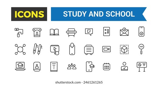 Studien- und Schulzeilensymbole Kollektion, großes UI-Icon-Set in einem flachen Design, Thin Outline Icons Pack, Vektorillustration