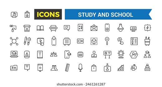 Colección De Iconos De Línea De Estudio Y Escuela, Conjunto De Iconos De Gran Ui En Un Diseño Plano, Paquete De Iconos De Contorno Delgado, Ilustración vectorial