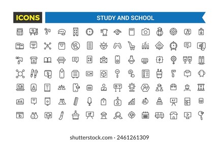 Colección De Iconos De Línea De Estudio Y Escuela, Conjunto De Iconos De Gran Ui En Un Diseño Plano, Paquete De Iconos De Contorno Delgado, Ilustración vectorial