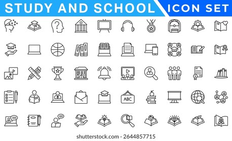 Study and school line icons collection. Big UI icon set in a flat design. Thin outline icons pack. Vector illustration