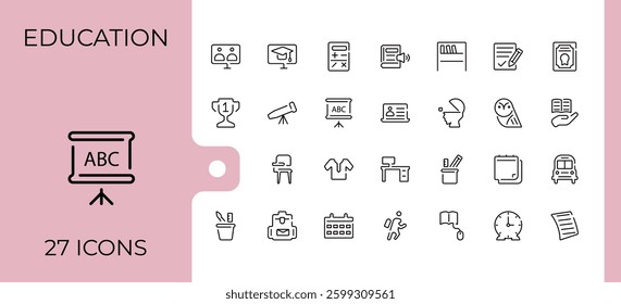 Study And School simple icon set. Includes thin line education, learn, study, book, vector, student and more. Outline icons collection. Set linear icon. Art and illustration.