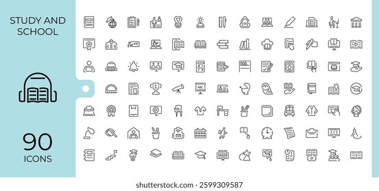 Study And School simple icon set. Includes thin line education, learn, study, book, vector, student and more. Outline icons collection. Set linear icon. Art and illustration.