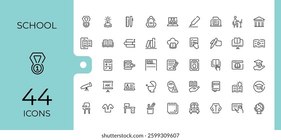 Study And School simple icon set. Includes thin line education, learn, study, book, vector, student and more. Outline icons collection. Set linear icon. Art and illustration.