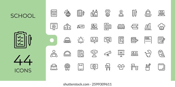Study And School simple icon set. Includes thin line education, learn, study, book, vector, student and more. Outline icons collection. Set linear icon. Art and illustration.