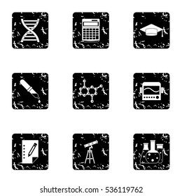 Study of science icons set. Grunge illustration of 9 study of science vector icons for web