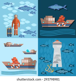 Study of sea and ocean shipping, fishing, diver lighthouse flat vector Illustration  