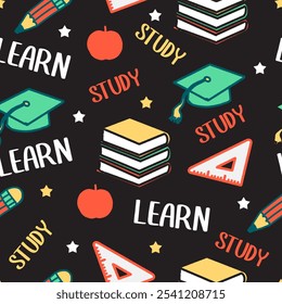 Study Sessions Time Seamless School Icon Pattern. Perfect for educational materials, back-to-school products, or stylish stationery. Ideal for capturing the energy and excitement of learning.