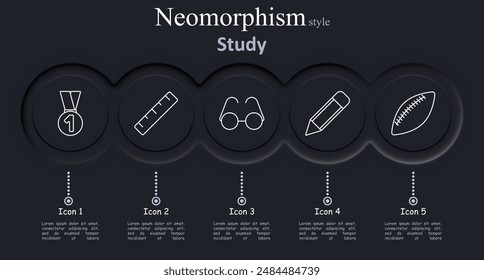 Study set icon. Medal, ruler, glasses, pencil, football, education, learning, achievement, measurement, reading, writing, sports.