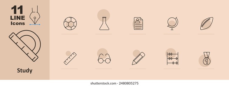 Study set icon. Protractor, soccer ball, lab flask, resume, globe, football, ruler, eyeglasses, pencil, abacus, medal. Education and school concept. Vector line icon on beige background.