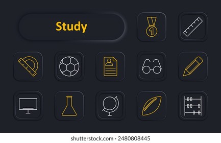 Study set icon. Protractor, soccer ball, report card, glasses, pencil, monitor, flask, globe, football, abacus, medal, ruler. Education, sports, science, geography, mathematics concept.