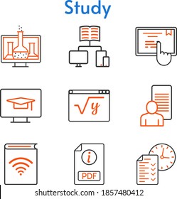 Studiensatz. darunter Chemie, Studium, Hörbuch, PDF, Test, Schule, Mathematik, Touchscreen, Schüler-Desktop-Symbole. Bicolor-Stile.