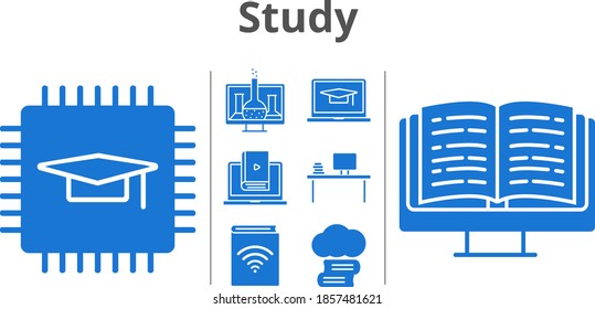 study set. included chemistry, cloud library, chip, audiobook, student-laptop, desktop, ebook, learn icons. filled styles.