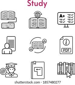 study set. included feedback, study, pdf, test, book, learning, enter icons. linear styles.
