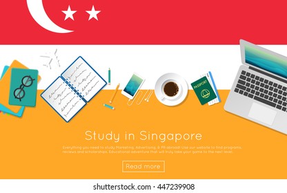 Study in Singapore concept for your web banner or print materials. Top view of a laptop, books and coffee cup on national flag. Flat style study abroad website header.