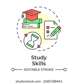 Ícone de conceito de várias cores das habilidades do estudo. Estratégias e técnicas de aprendizagem eficaz. Competências de vida. Ilustração de linha de forma redonda. Ideia abstrata. Design gráfico. Fácil de usar no artigo
