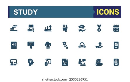 Study solid Icons Pack. Featuring education, reading, exams, knowledge, research and more. Filled vector symbol collection. Editable icon for web and ui design. Pixel perfect icon set.