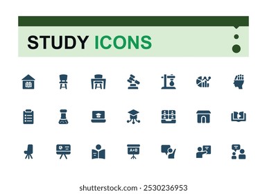 Study solid Icons Pack. Featuring education, reading, exams, knowledge, research and more. Filled vector symbol collection. Editable icon for web and ui design. Pixel perfect icon set.