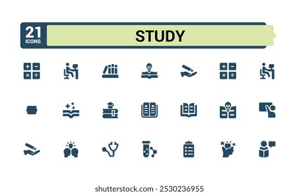 Study solid Icons Pack. Featuring education, reading, exams, knowledge, research and more. Filled vector symbol collection. Editable icon for web and ui design. Pixel perfect icon set.