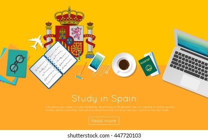 Study In Spain Concept For Your Web Banner Or Print Materials. Top View Of A Laptop, Books And Coffee Cup On National Flag. Flat Style Study Abroad Website Header.