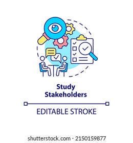 Study stakeholders concept icon. Examine investors. Step of stakeholder relations abstract idea thin line illustration. Isolated outline drawing. Editable stroke. Arial, Myriad Pro-Bold fonts used