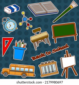 Study stickers.  School bus, blackboard, paintbrush, drawing board, pencil case, book, desk, school supplies, eraser, clock, ruler, science, doodle vector illustration.