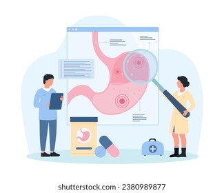 Study of stomach disease vector illustration. Cartoon tiny doctors with magnifying glass research gastric infographic chart, people analyzing warning symptoms for diagnosis and medical therapy