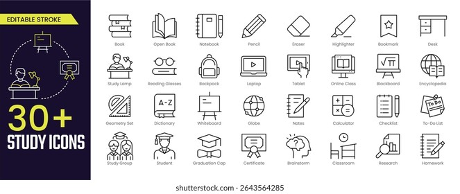 Study Stroke icon collections. Containing Book, Pen, Eraser, Tablet, Blackboard, Classroom, senior, Pencil, School Bag, and Notebook icons. Editable Stroke icon collection Outline icon