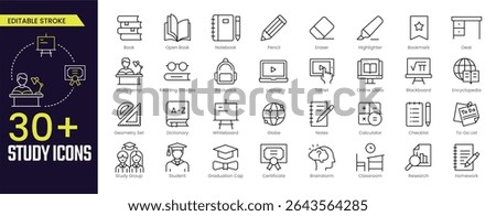 Study Stroke icon collections. Containing Book, Pen, Eraser, Tablet, Blackboard, Classroom, senior, Pencil, School Bag, and Notebook icons. Editable Stroke icon collection Outline icon