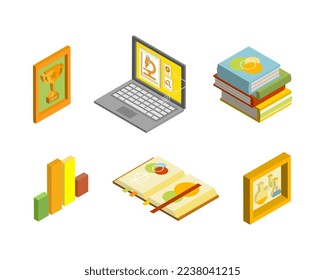 Study Supplies and Equipment for Education with Pile of Books, Laptop, Chart, Notepad and Award Isometric Vector Set