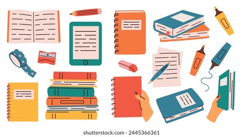 Study supplies. Trendy set of illustrations of books