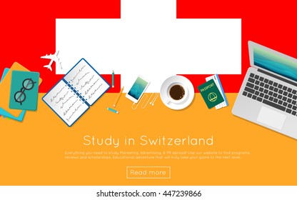 Study in Switzerland concept for your web banner or print materials. Top view of a laptop, books and coffee cup on national flag. Flat style study abroad website header.