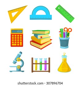 Study symbols. Various classroom items. School year beginning. Education design elements. 