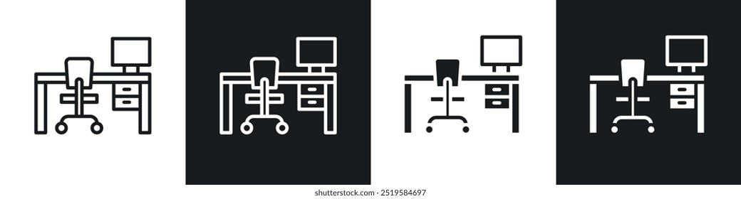 Study table icon collection in black and white filled and stroke line style.