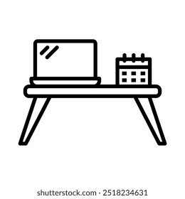 Study table icon in line style. Work desk icon in line style. Work desk with laptop and desk calendar 