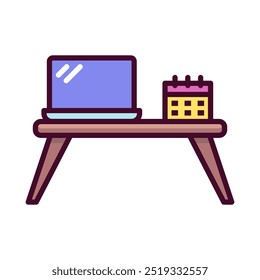 Study table icon in linear color style. Work desk icon in linear color style. Work desk with laptop and desk calendar 