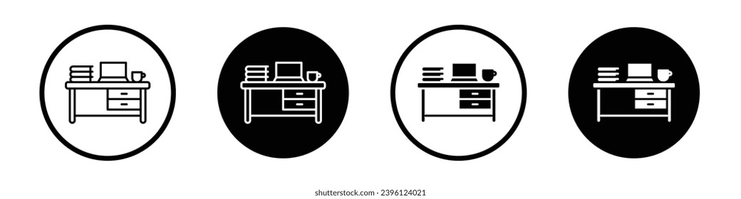 Study table icon set. office work desk vector symbol. office computer workspace sign in black filled and outlined style.