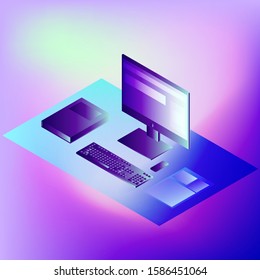 Study table illustration with blue purple gradient background