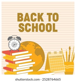 Study table with school equipment. Alarm clock on a pile of books. Back to School concept. Flat vector illustration.