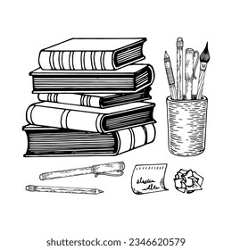 Study table sketch. Stack books, textbooks, writing pens, wall clocks. Hand drawn doodle illustration.