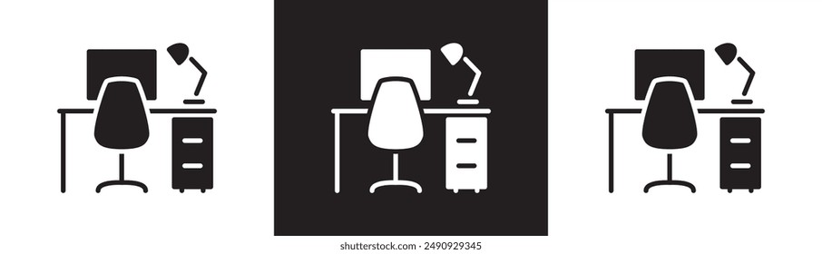 Study table, Work desk flat icon. computer settings line icon related to management and administration. Vector illustration icon isolated on black and white transparent background.