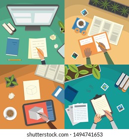 Study table and work desktop vector illustration set. school lesson studying and educational elements top view.