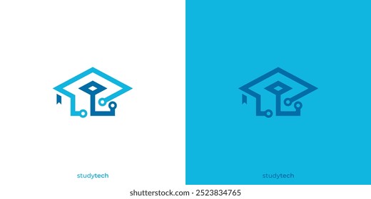 Study Tech Logo. College, Graduate Cap, Campus, Education Logo Designs. Graduate Cap with Technology Symbol Logo Designs Vector Illustration