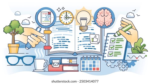Study techniques for effective and productive learning outline hands concept. Strategy for active studying in university or school vector illustration. Work smarter not harder approach for research.