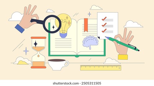 Study techniques as strategy for effective learning tiny neubrutalism concept. Educational approach with productivity from learning process tactics vector illustration. Productivity for students.