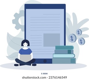 Study texts with e-books. Digital book service. Reading e-book, book archive, modern online education concept. Vector illustration in flat design.