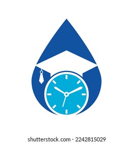 Study time drop shape concept vector logo design. Graduation hat with clock icon design.