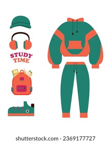 Study Time Tracksuit vector Sport Fashion and HeadphoneBag, Sneakers
