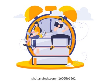 Study time vector illustration. Flat design people enjoy learning and reading book. Metaphor of young teenager or college sitting on the big books with huge alarm clock. Symbol of examination.