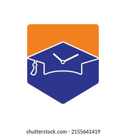 Study time vector logo design. Graduation hat with clock icon design.	