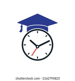 Diseño del logotipo vectorial de tiempo de estudio. Sombrero de graduación con diseño de icono de reloj.